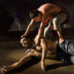 Rocco Normanno, Davide e Golia, 2011, cm. 150 x 150, olio su tela. Courtesy Rocco Normanno