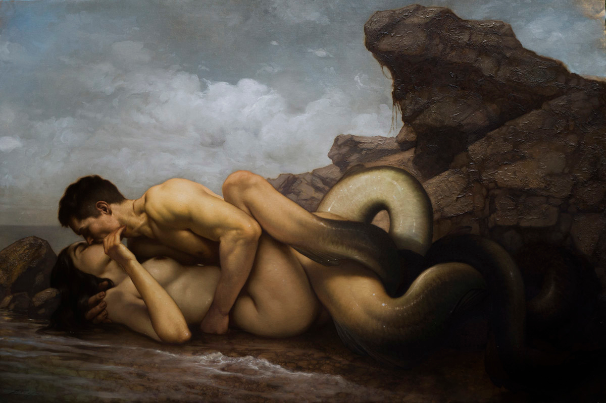 Roberto Ferri, Tritone e Nereide, 2024, olio su tela, 100 x 150 cm. Courtesy Roberto Ferri